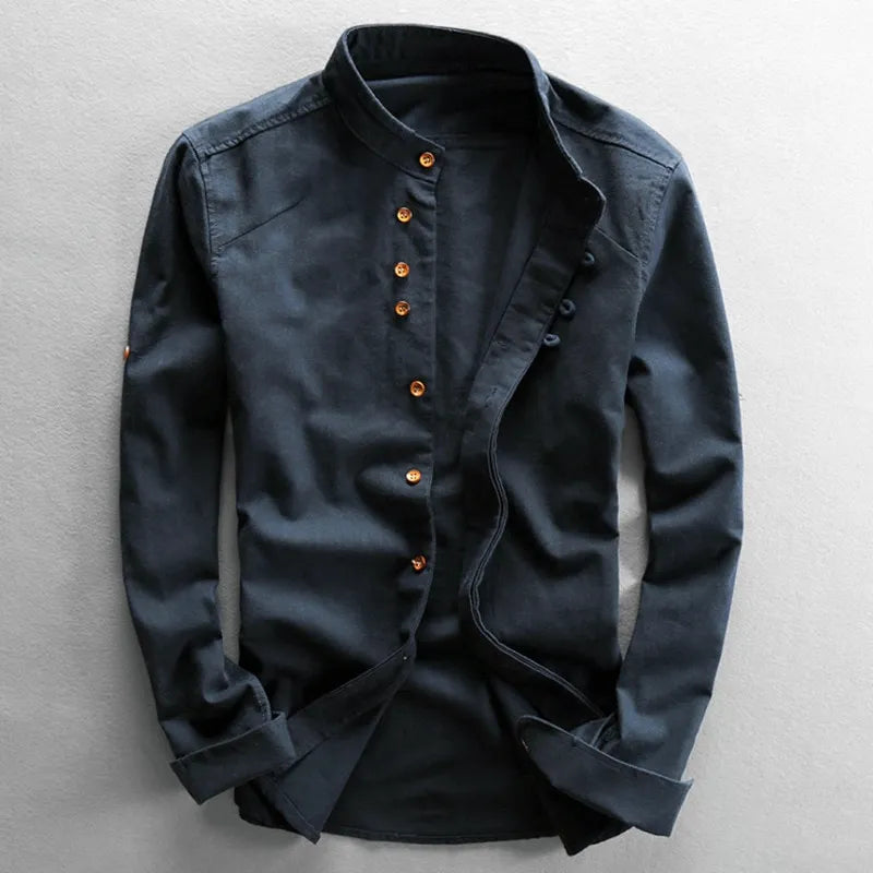 Camisa de Algodón y Lino para Hombre con Cuello Mao y Manga Larga Slim Fit