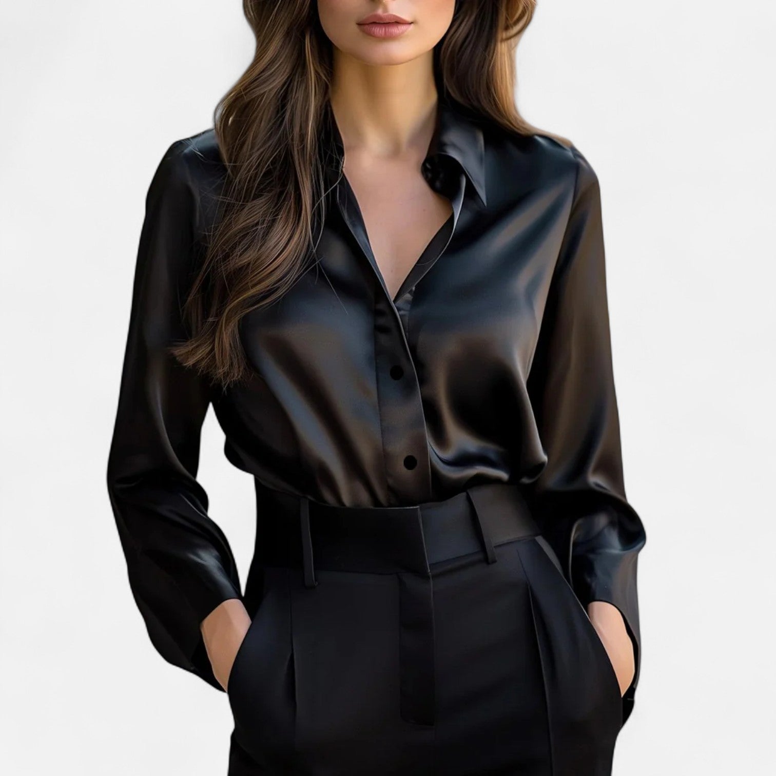 Blusa Negra de Satén para Mujer de Manga Larga – Elegancia Atemporal, Sofisticación Moderna
