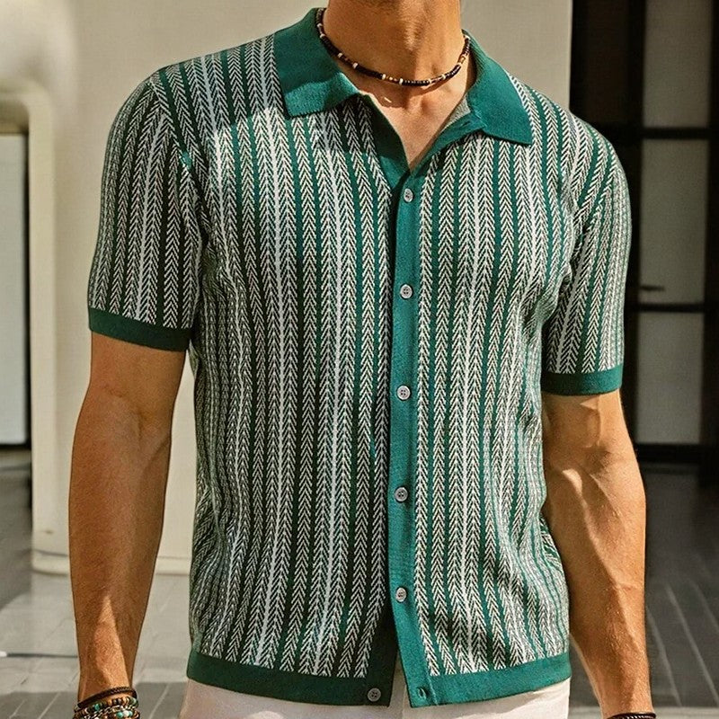 Polo de Punto para Hombre de Manga Corta con Rayas Verticales y Cierre de Botones