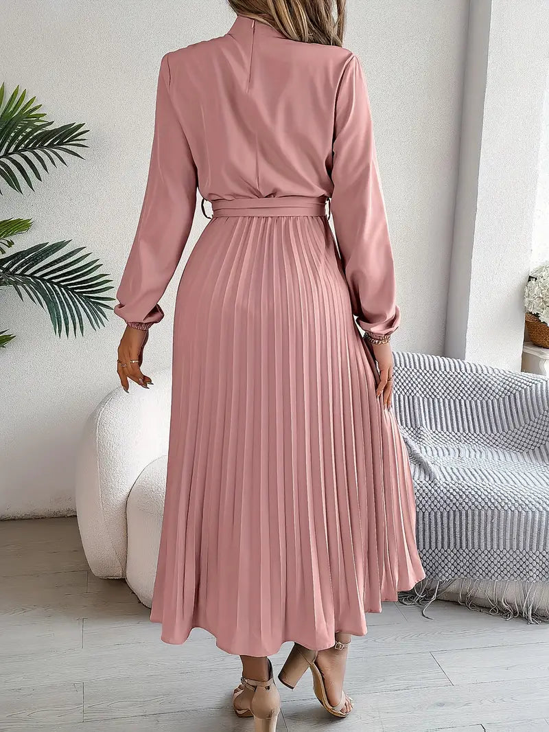 Vestido Largo Plisado de Manga Larga con Cuello Alto y Cinturón para Mujer