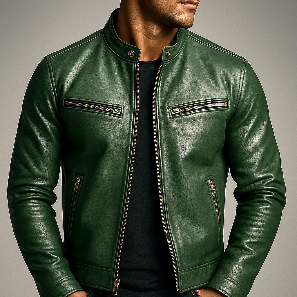 Chaqueta de Cuero de Hombre con Costuras Reforzadas y Cuatro Bolsillos