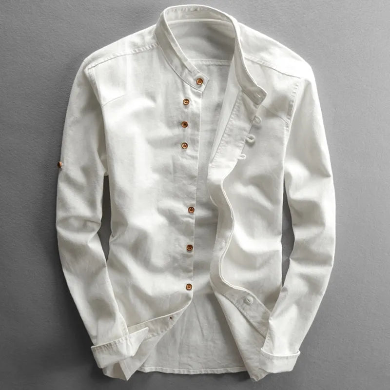 Camisa de Algodón y Lino para Hombre con Cuello Mao y Manga Larga Slim Fit