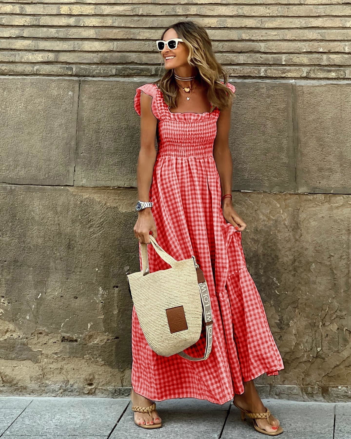 Vestido largo de cuadros | vestido midi con cuerpo fruncido
