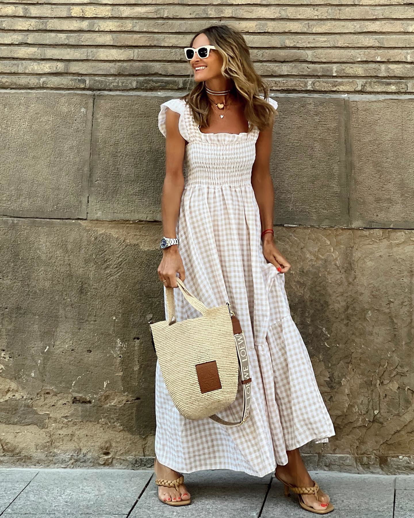 Vestido largo de cuadros | vestido midi con cuerpo fruncido