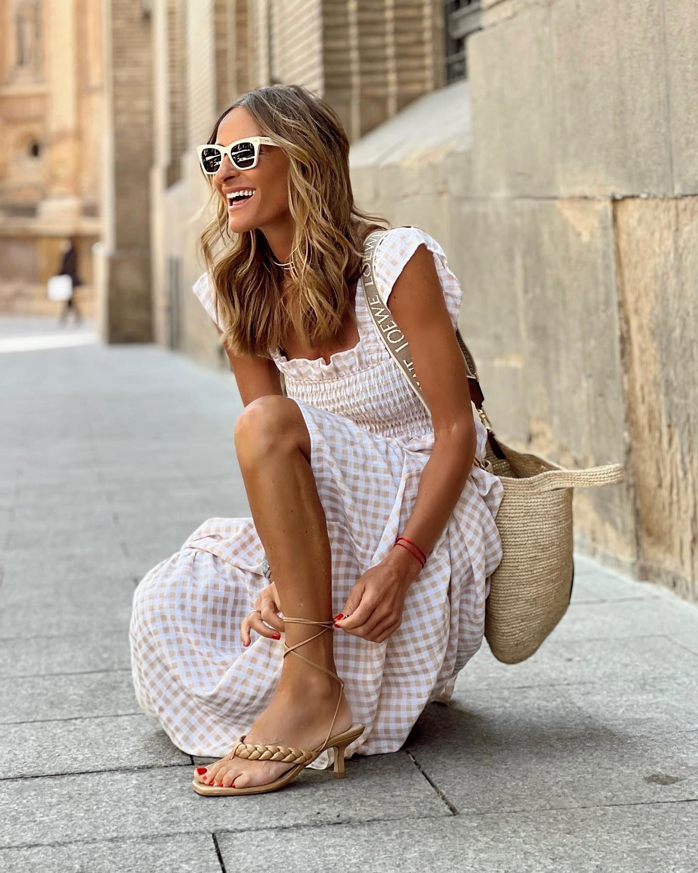 Vestido largo de cuadros | vestido midi con cuerpo fruncido