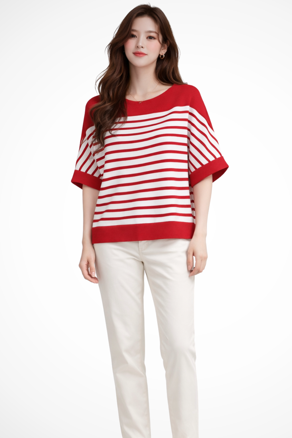 Camiseta de Rayas para Mujer con Cuello Redondo y Ajuste Oversize