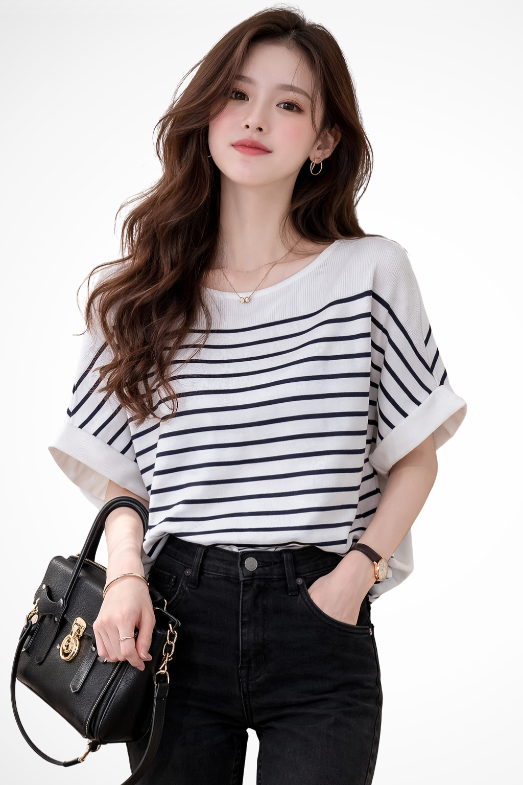 Camiseta de Rayas para Mujer con Cuello Redondo y Ajuste Oversize