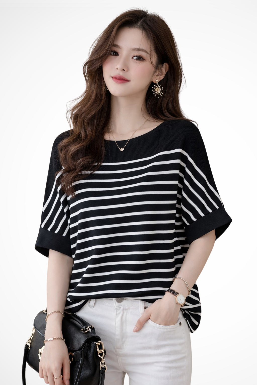 Camiseta de Rayas para Mujer con Cuello Redondo y Ajuste Oversize