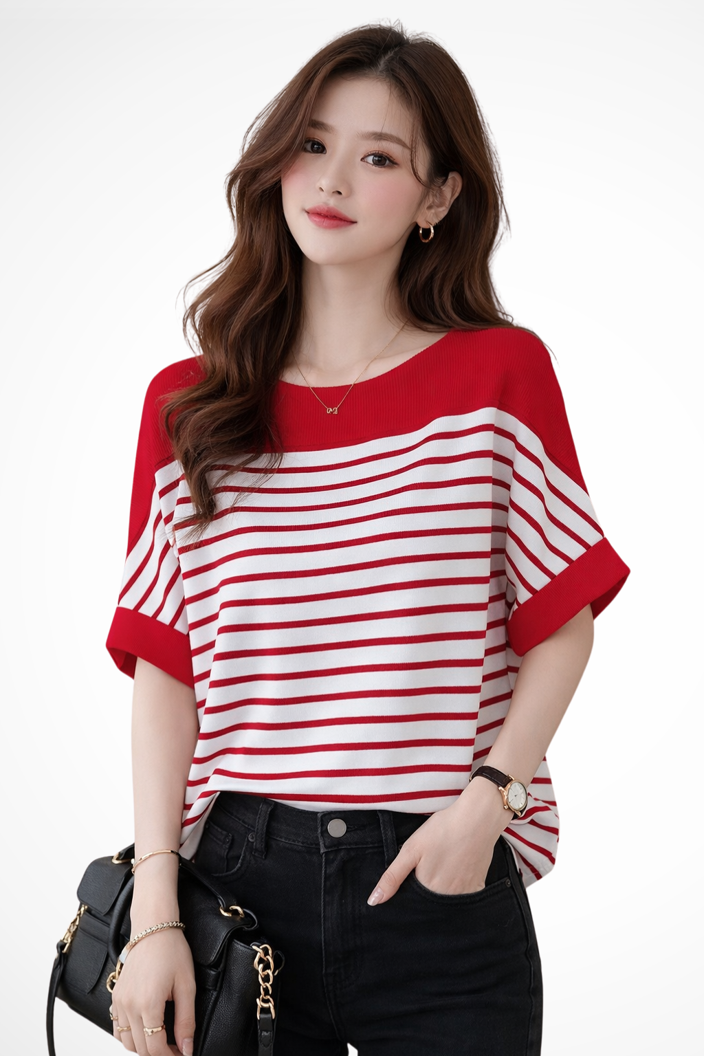 Camiseta de Rayas para Mujer con Cuello Redondo y Ajuste Oversize