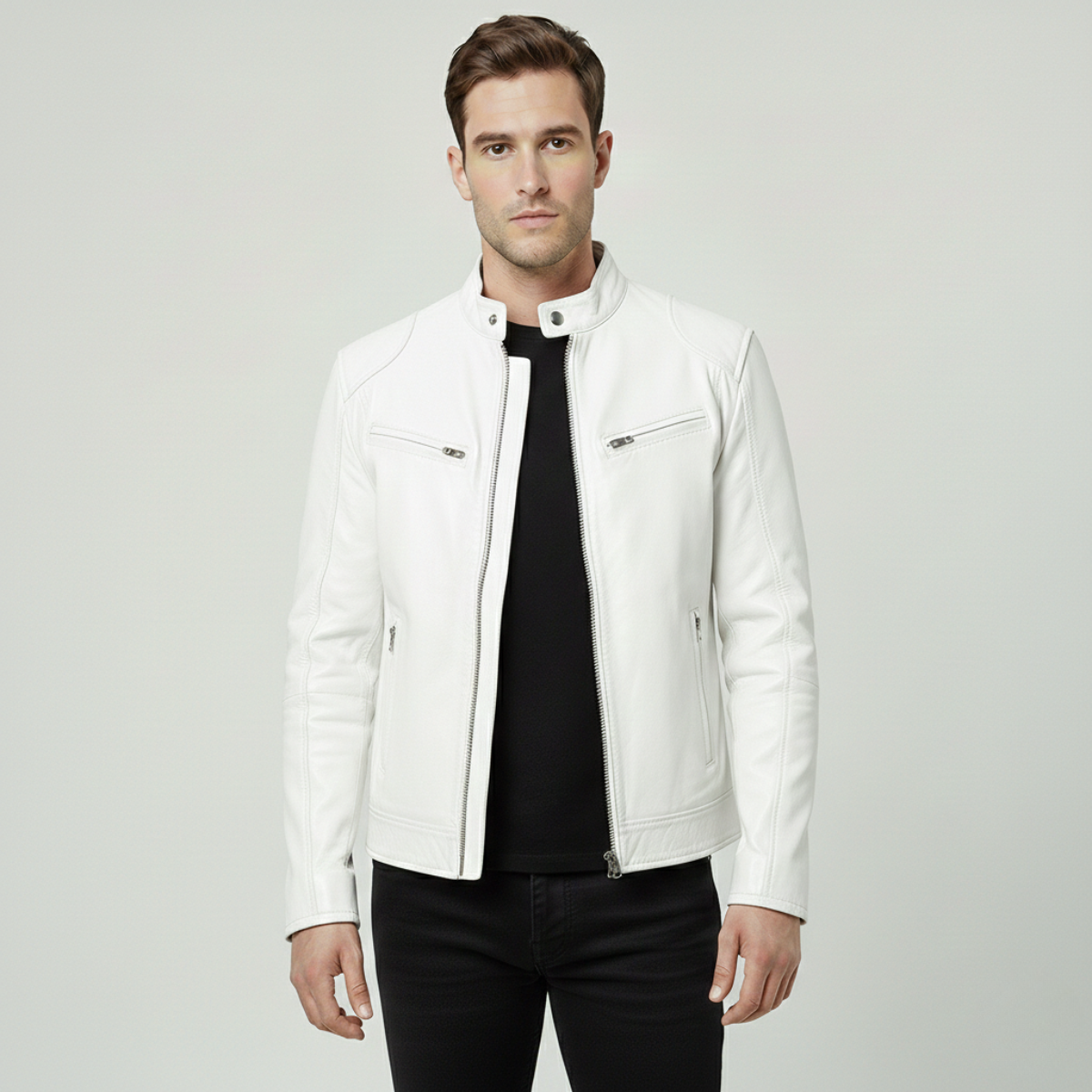 Veste en Cuir Synthétique pour Homme avec Col Montant et Poignets Ajustables