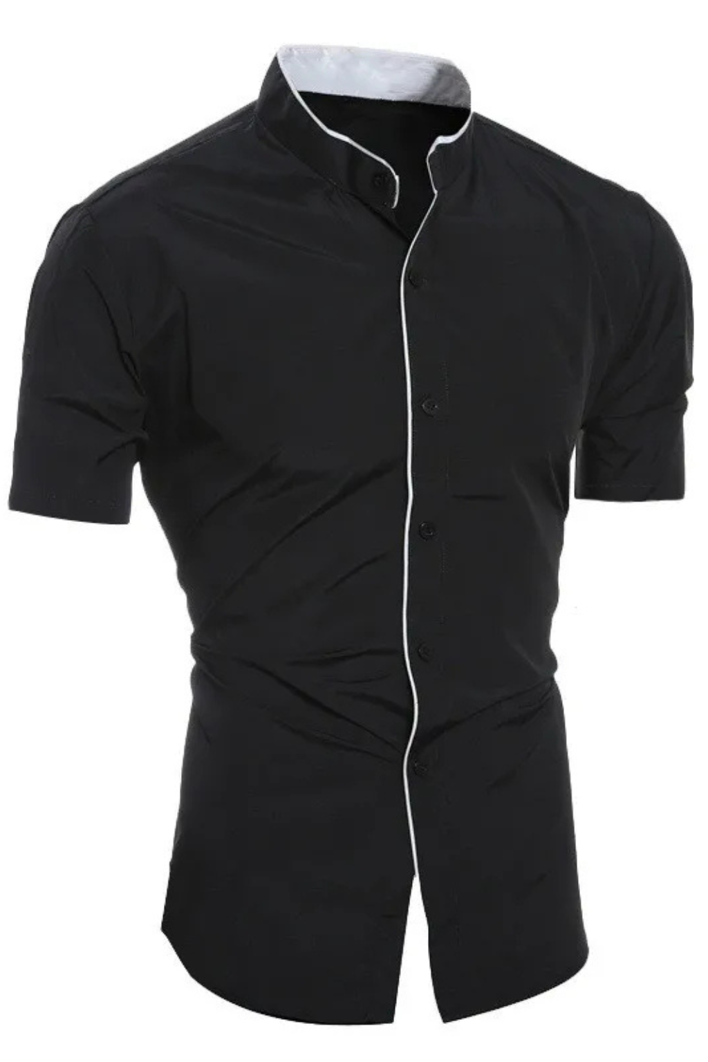 Camisa de Manga Corta Ajustada para Hombre con Cuello Mao y Ribete en Contraste
