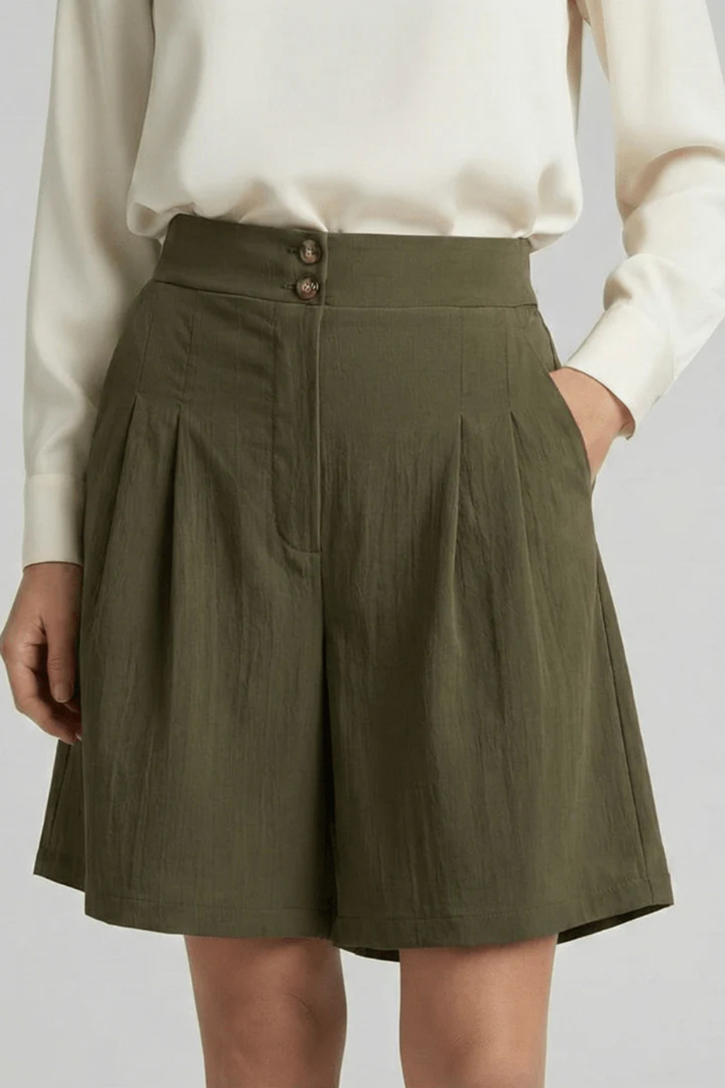 Pantalones Cortos Bermuda de Talle Alto con Pinzas y Corte Sartorial para Mujer