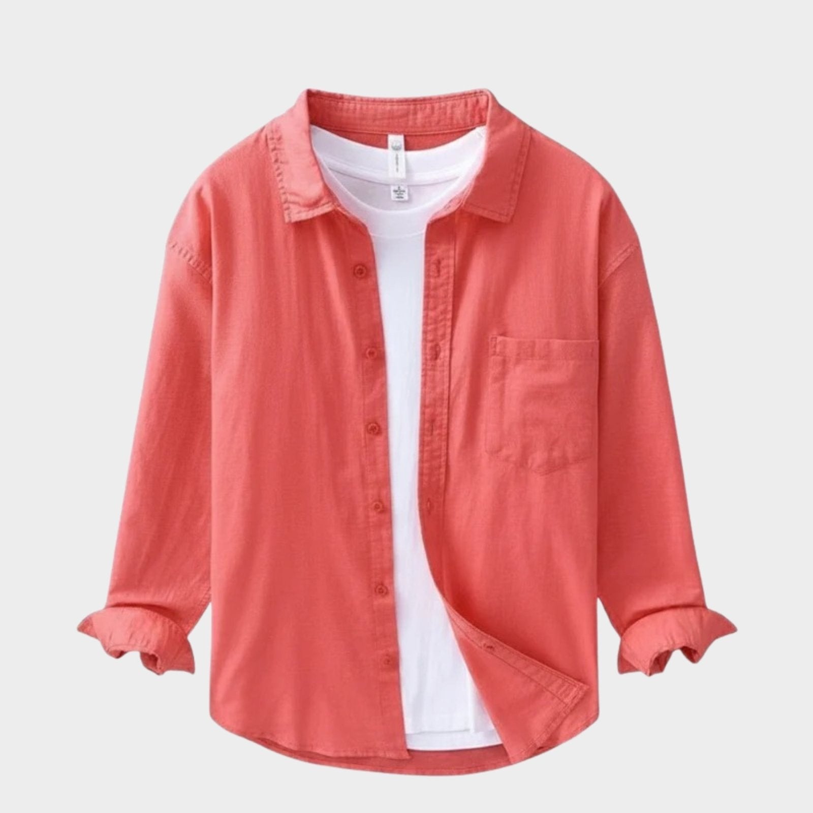 Camisa de Algodón y Lino para Hombre de Manga Larga con Cuello de Solapa y Botones