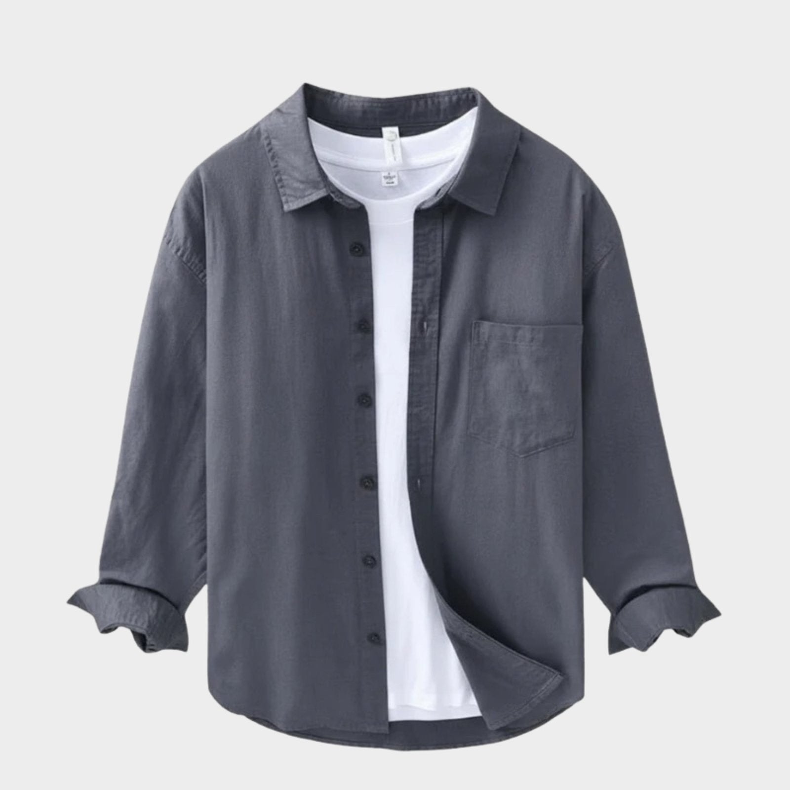 Camisa de Algodón y Lino para Hombre de Manga Larga con Cuello de Solapa y Botones
