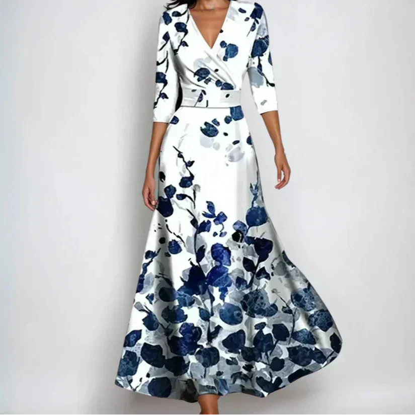 Vestido Largo para Mujer con Escote en V y Estampado Floral de Manga Larga