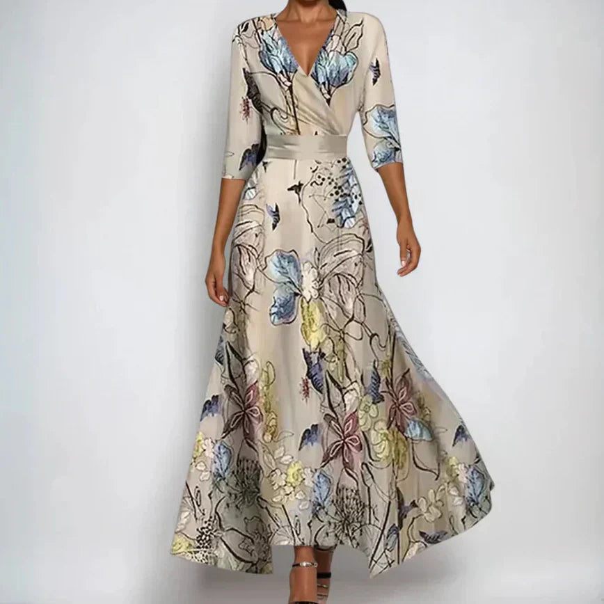 Vestido Largo para Mujer con Escote en V y Estampado Floral de Manga Larga