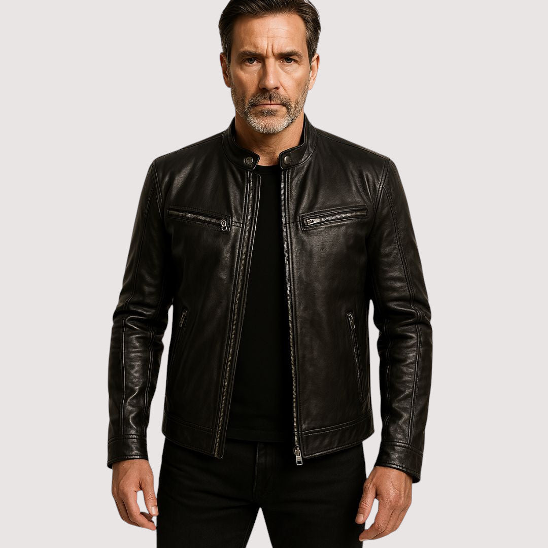 Chaqueta de Cuero para Hombre con Cuello Alto y Cremallera