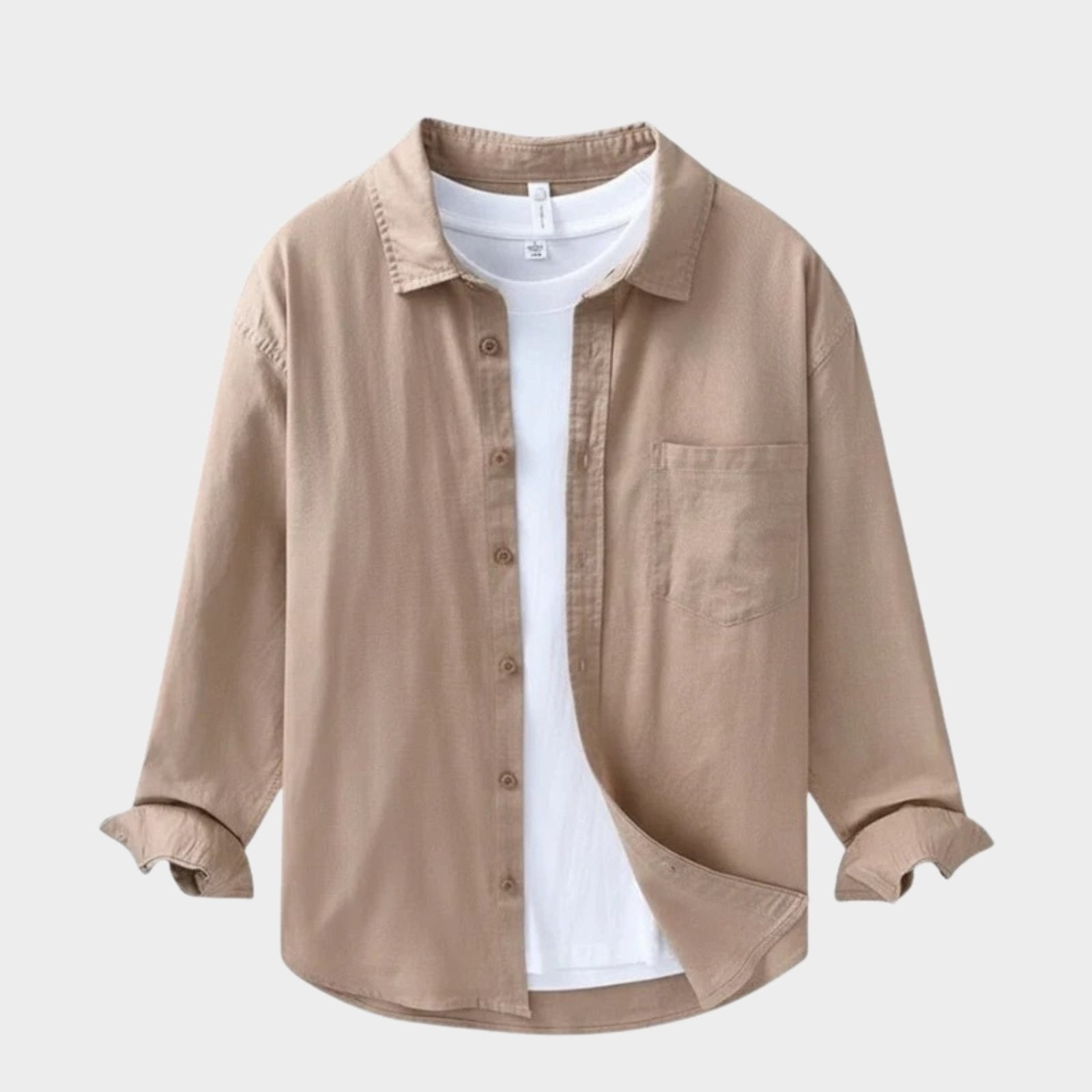 Camisa de Algodón y Lino para Hombre de Manga Larga con Cuello de Solapa y Botones