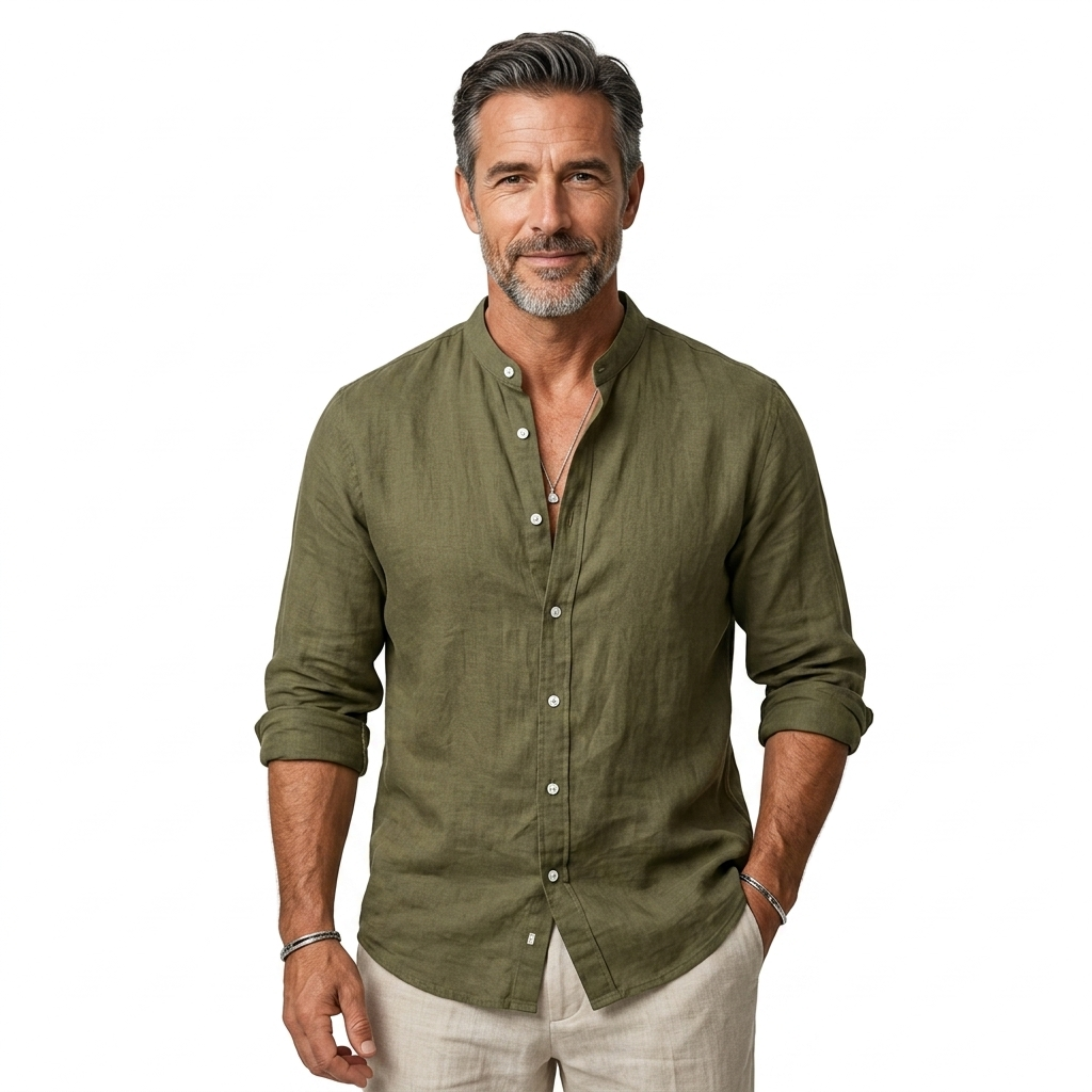 Camisa de lino hombre — cuello clásico y mangas ajustables para diario