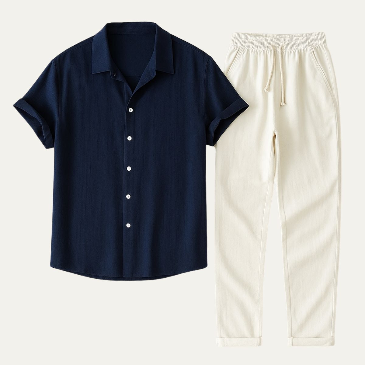 Conjunto de Lino para Hombre con Camisa de Manga Corta y Pantalón de Cordón