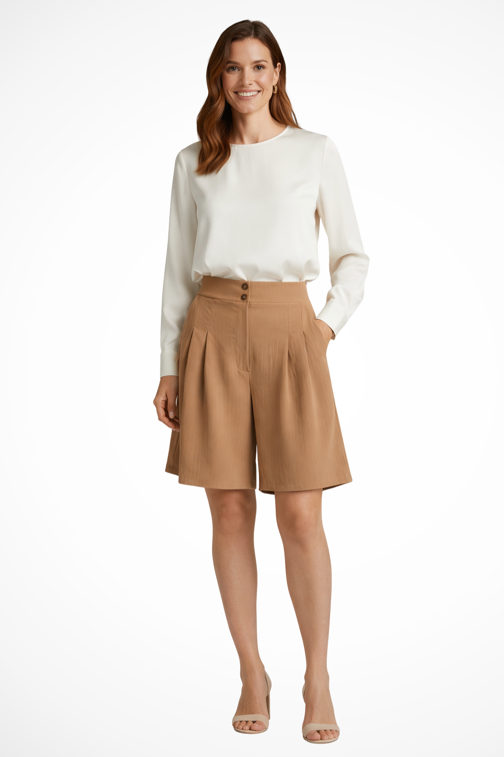 Pantalones Cortos Bermuda de Talle Alto con Pinzas y Corte Sartorial para Mujer