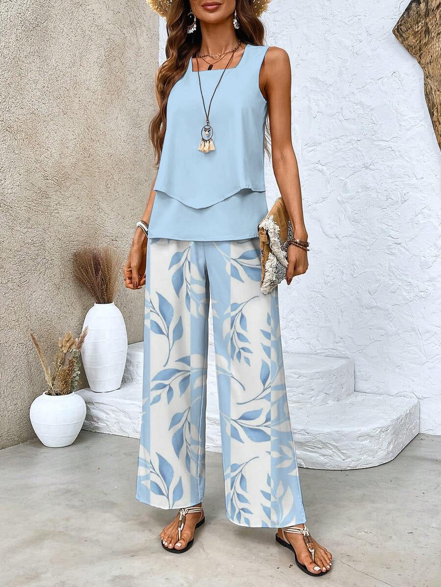 Conjunto de Dos Piezas con Blusa Sin Mangas y Pantalones de Pierna Ancha para Mujer