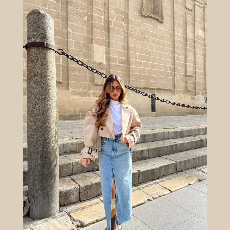Gabardina Corta para Mujer Chaqueta Cropped de Doble Botonadura con Cinturón