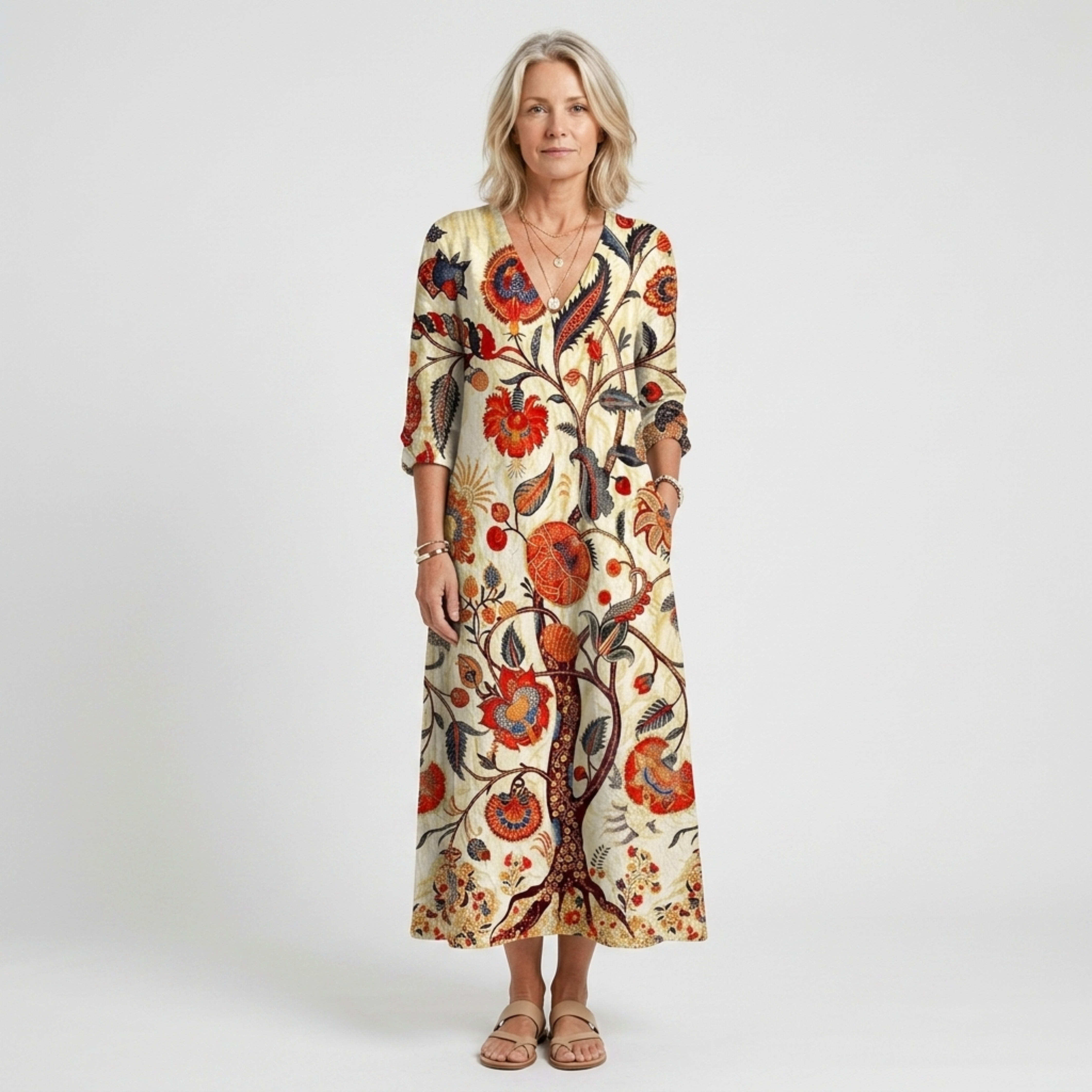 Vestido largo lino — estampado floral para reuniones sociales