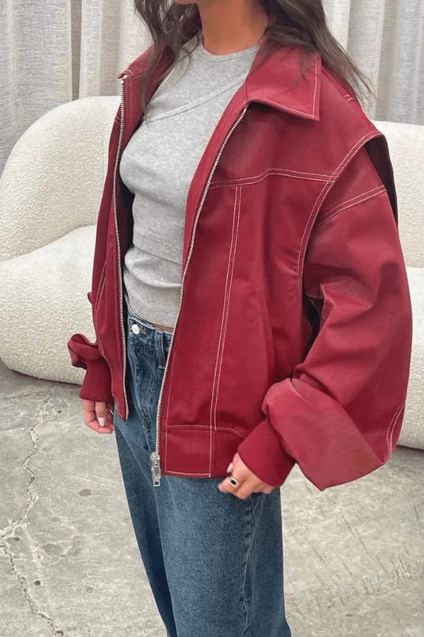 Oversized bomber μπουφάν από συνθετικό δέρμα με αντίθετες ραφές