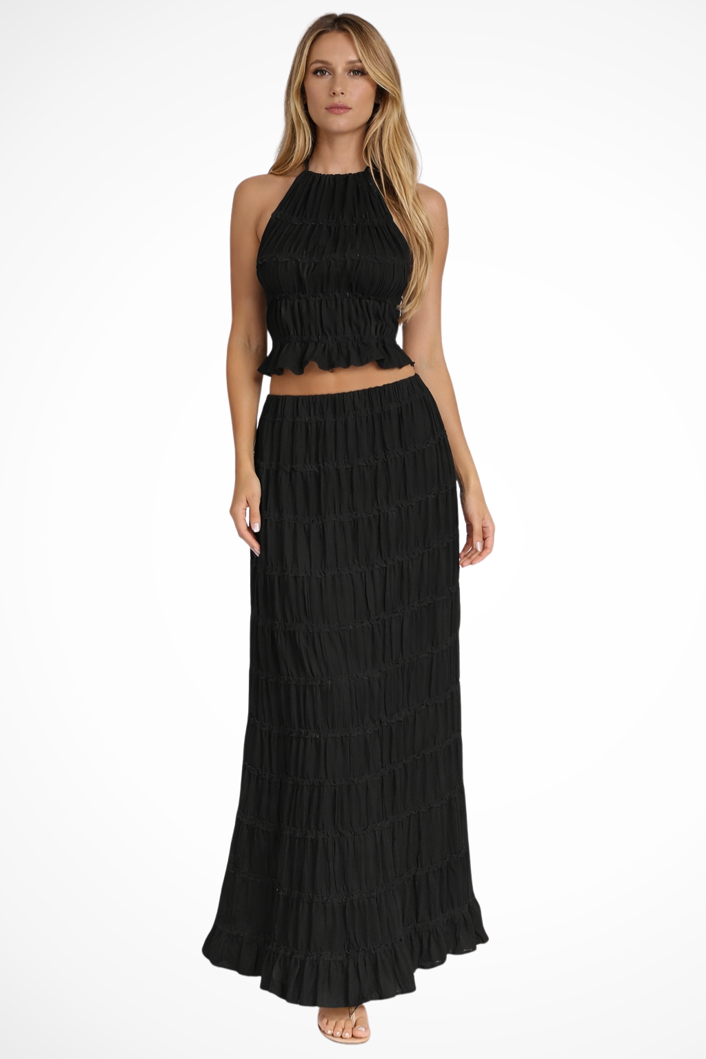Conjunto de Dos Piezas para Mujer con Top Halter Fruncido y Falda Larga Fluida