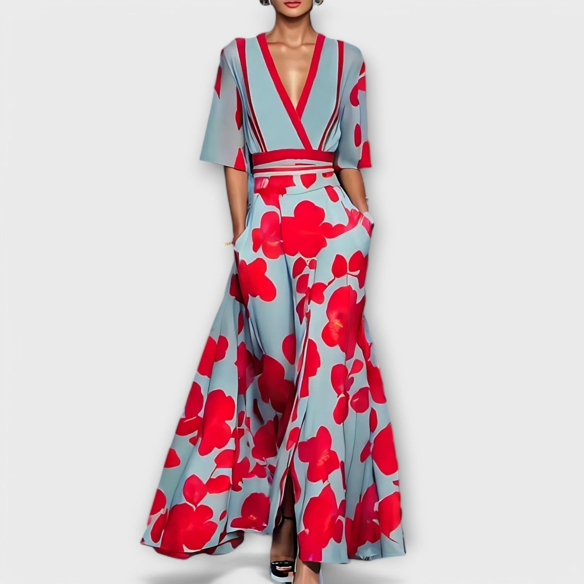 Vestido Largo de Mujer con Estampado de Flores y Escote en V