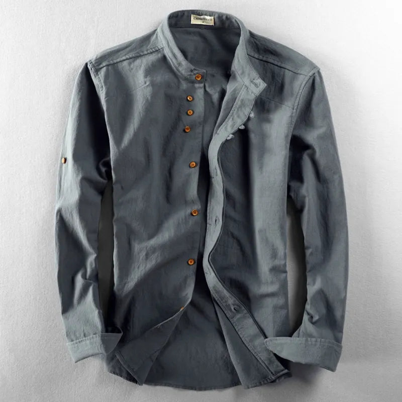 Camisa de Algodón y Lino para Hombre con Cuello Mao y Manga Larga Slim Fit