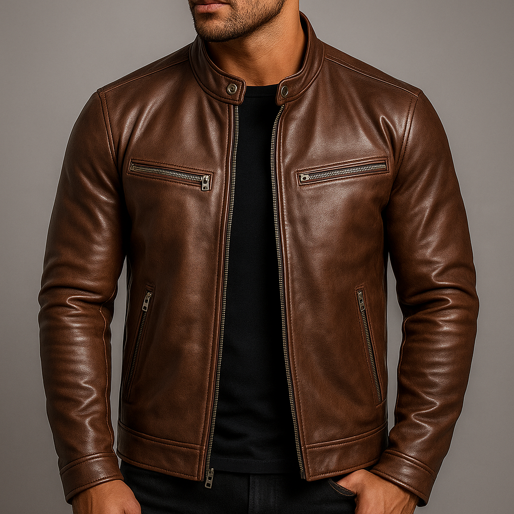 Chaqueta de Cuero de Hombre con Costuras Reforzadas y Cuatro Bolsillos