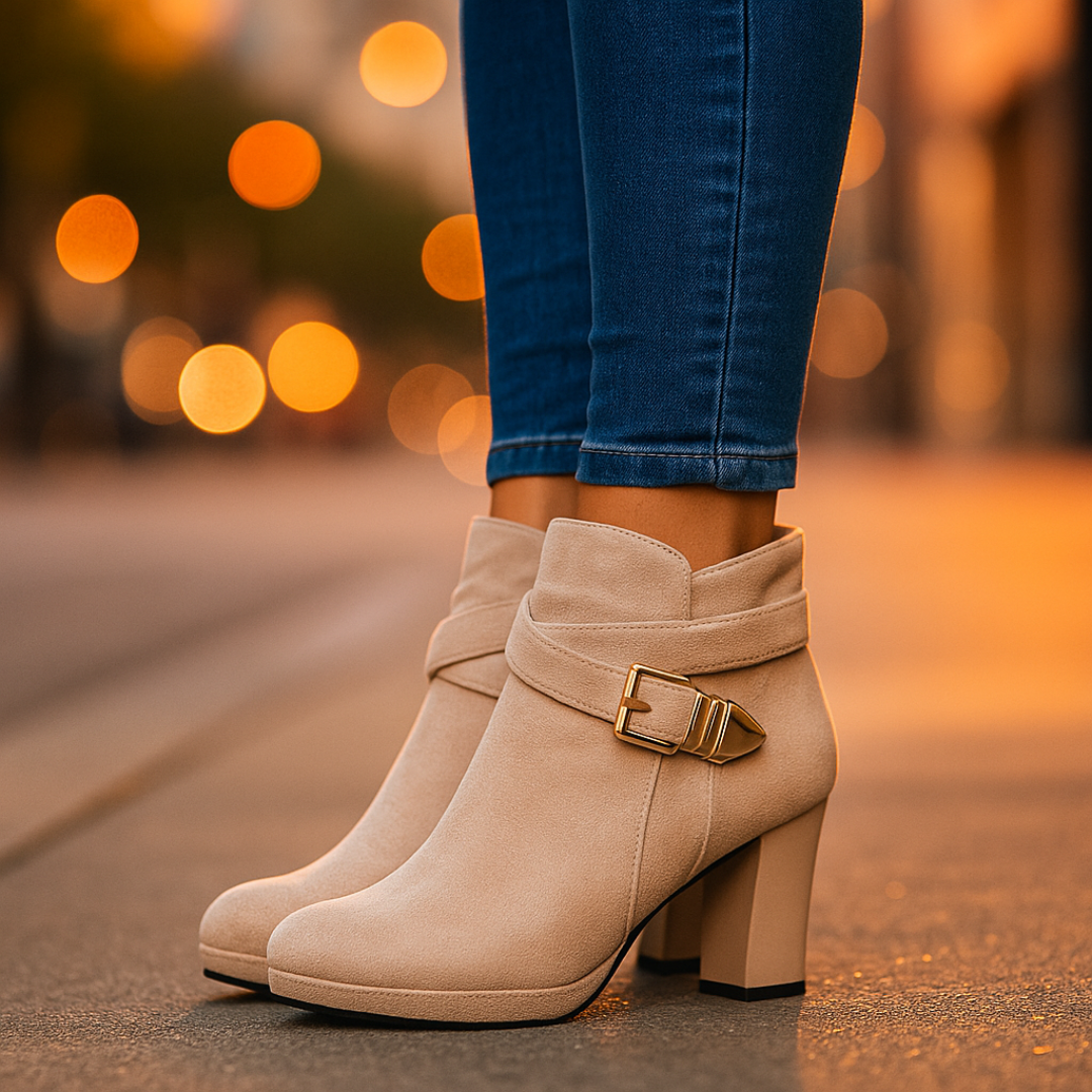 Botines de Tacón Ancho para Mujer con Hebilla y Suela de Goma Antideslizante