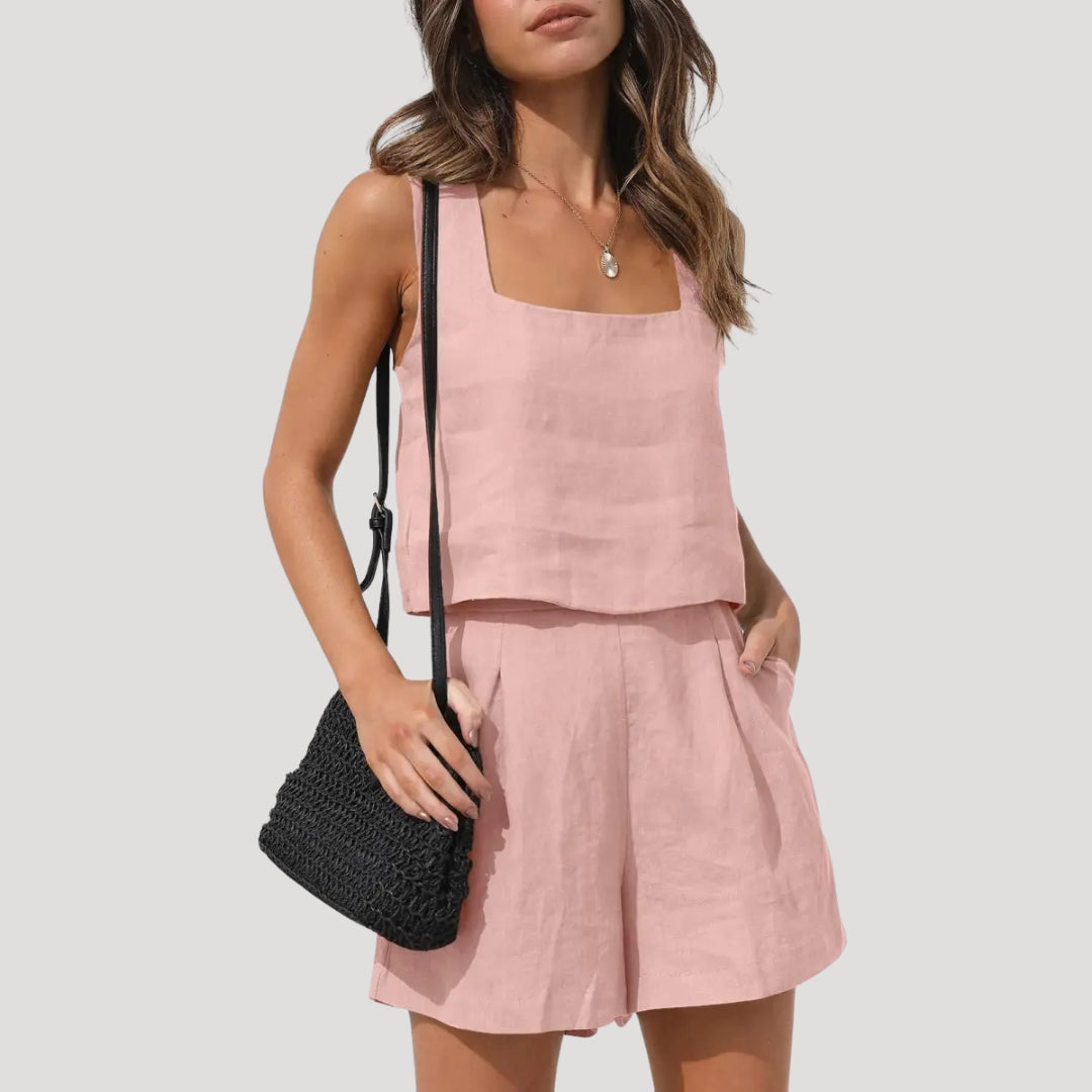 Conjunto de Lino para Mujer con Top sin Mangas y Pantalones Cortos de Talle Alto