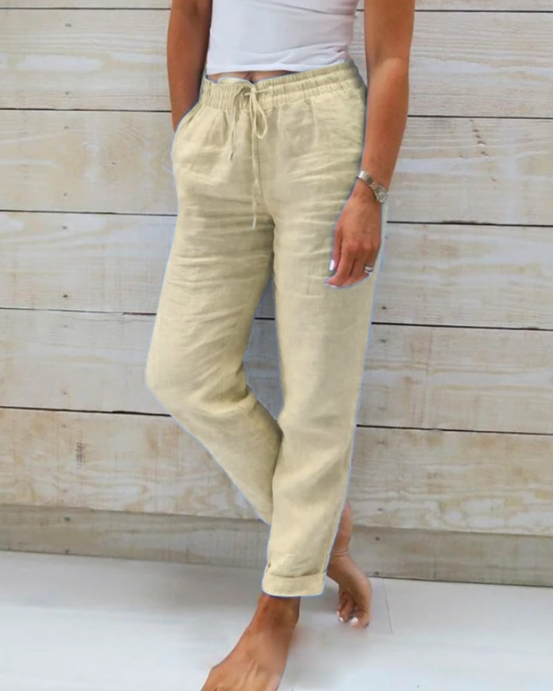 Pantalones de Lino y Algodón con Cintura Elástica y Cordón para Mujer