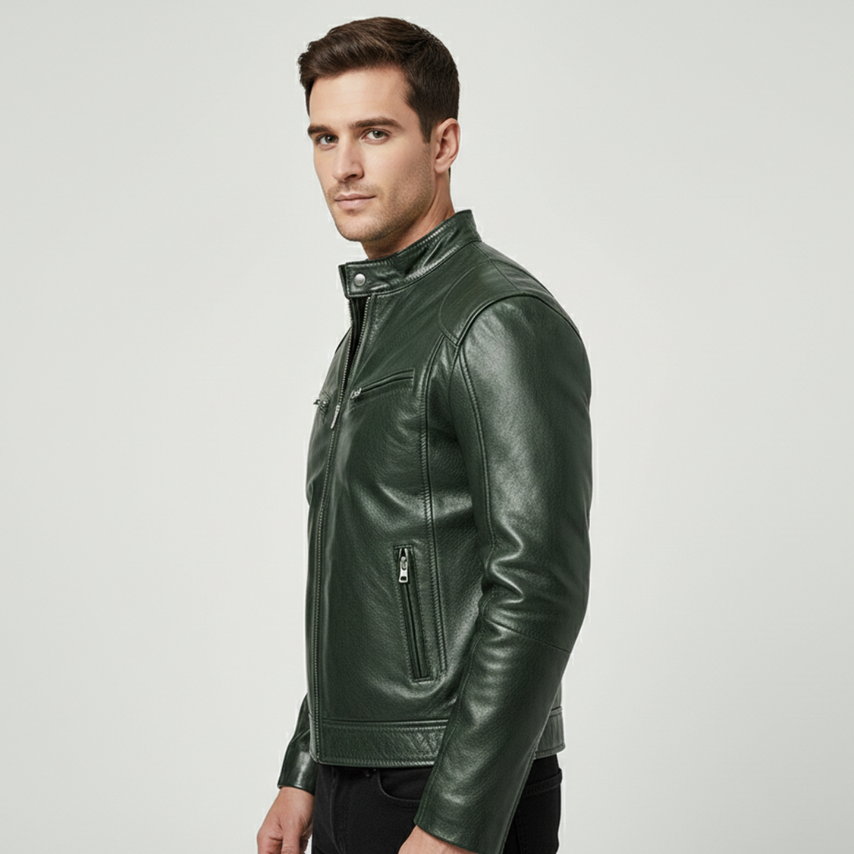 Veste en Cuir Synthétique pour Homme avec Col Montant et Poignets Ajustables