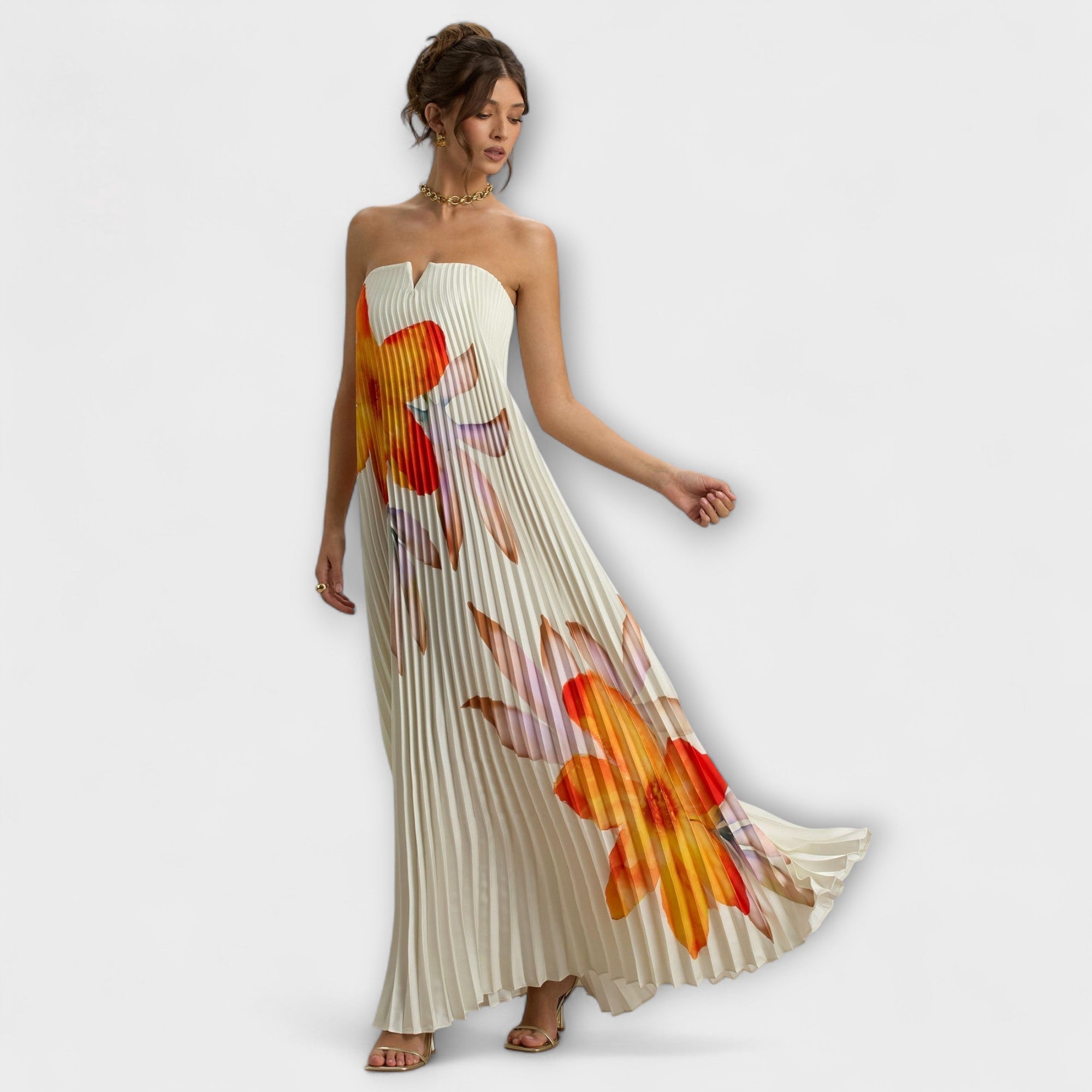 Vestido Largo Palabra de Honor Plisado con Corsé y Estampado de Flores