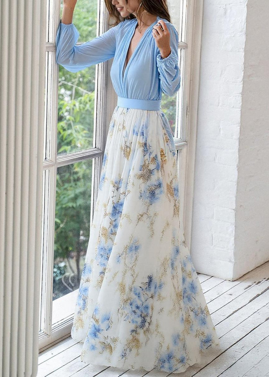 Vestido Largo de Poliéster con Estampado Floral Cuello en V y Manga Larga para Mujer