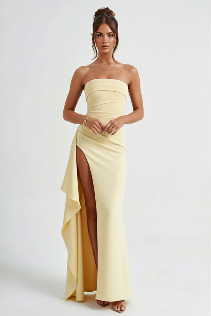 Vestido largo mujer — escote palabra de honor fruncido | gala y eventos