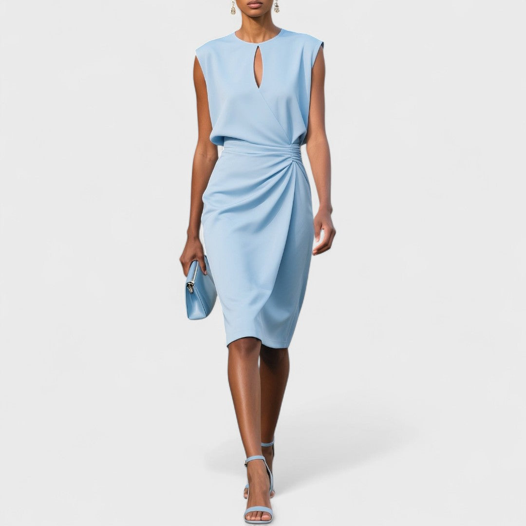 Vestido Midi Cruzado con Pliegues Laterales y Cuello Redondo para Mujer