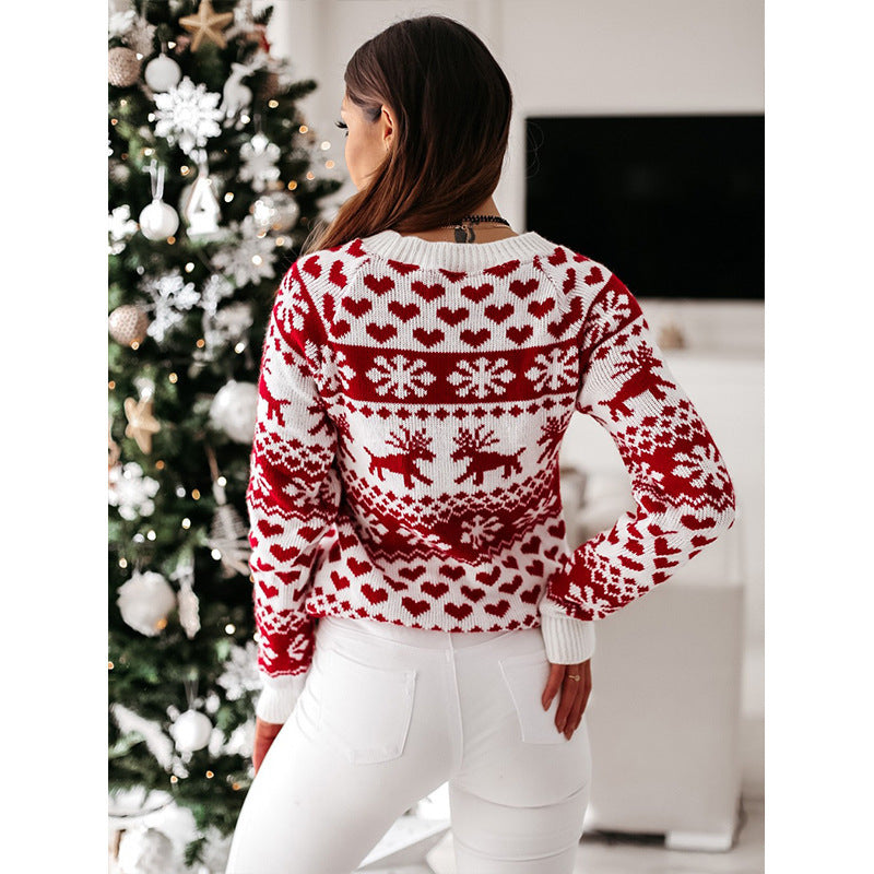 Suéter de Mujer Fair Isle de Punto con Estampado de Renos y Corazones