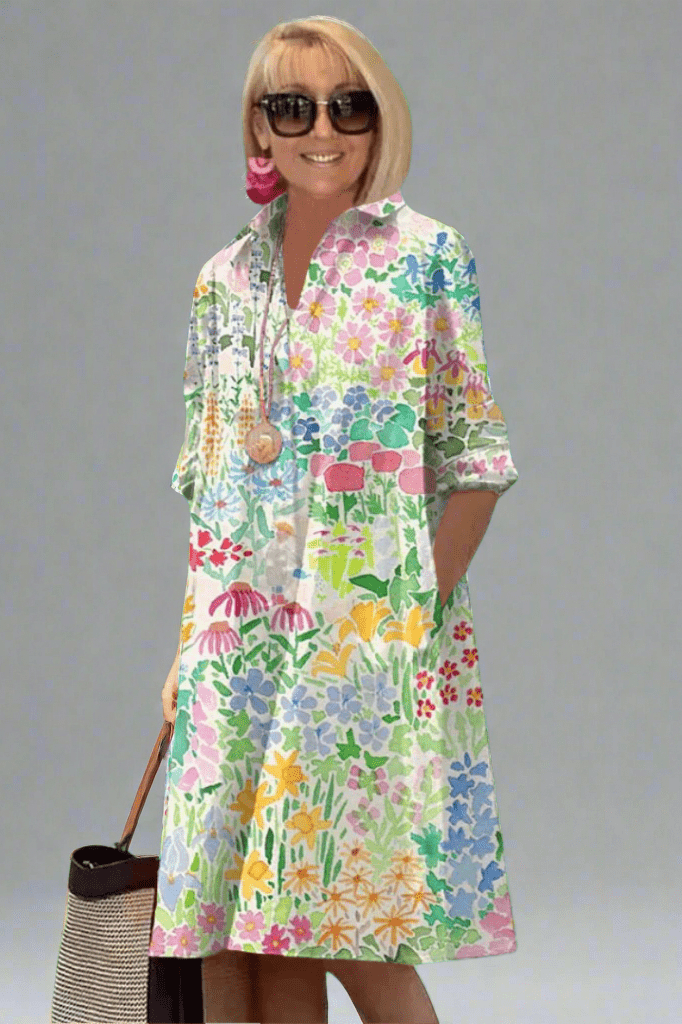 Vestido Largo de Corte A con Estampado Floral y Escote en V para Mujer