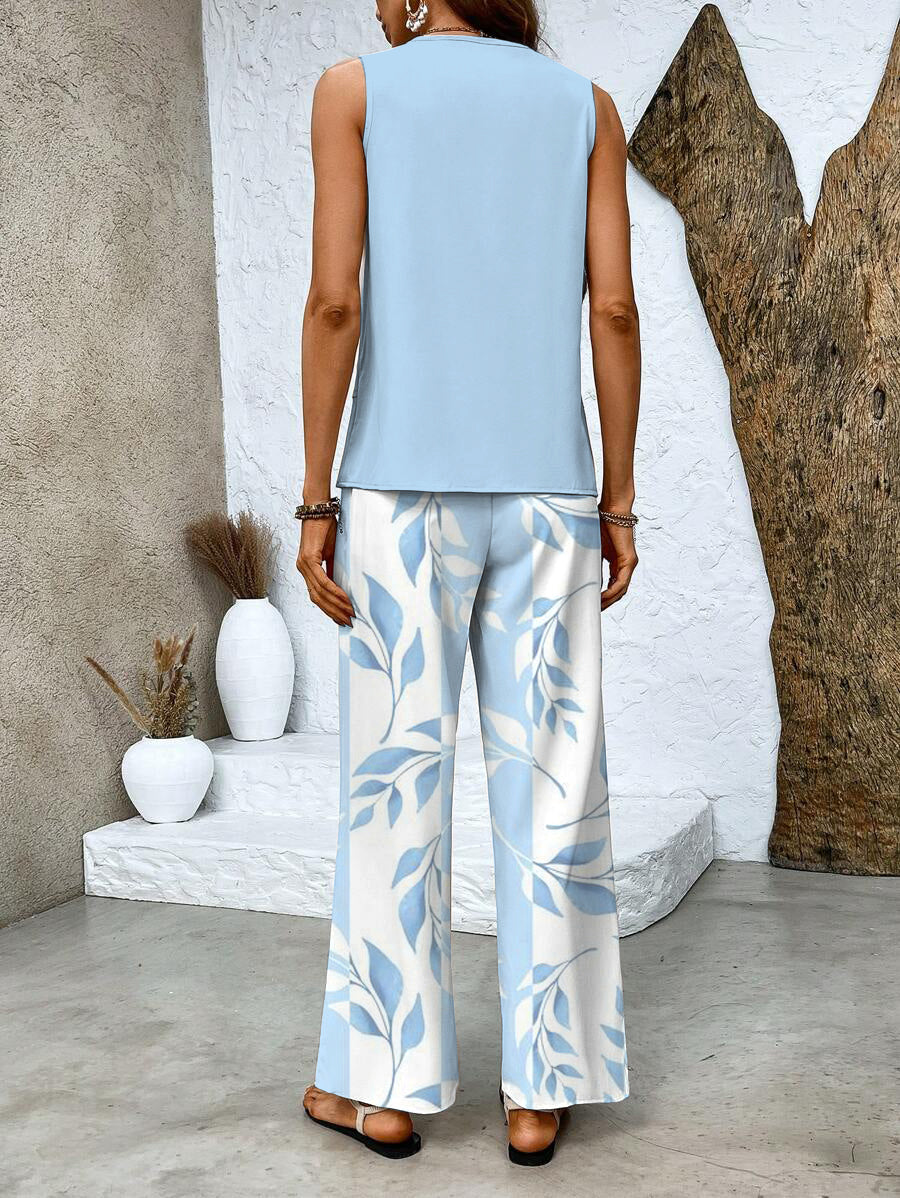 Conjunto de Dos Piezas con Blusa Sin Mangas y Pantalones de Pierna Ancha para Mujer