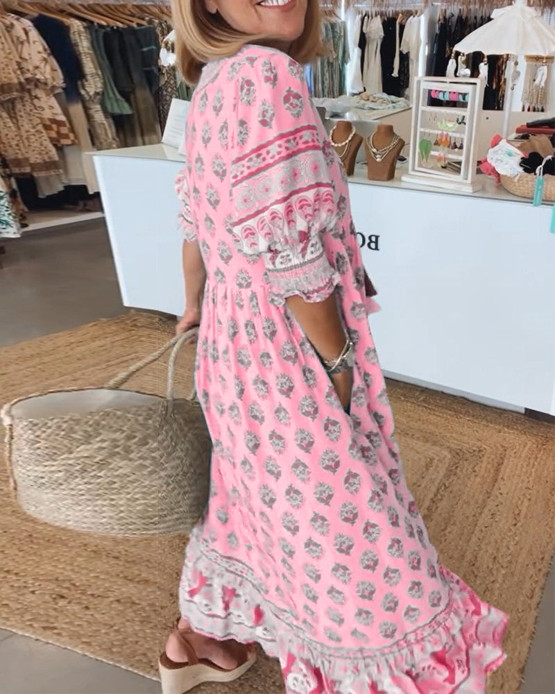 Vestido mujer estampado | cuello en V | mangas medias | uso diario