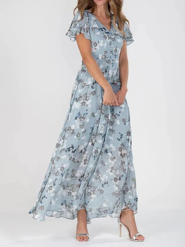 Vestido Largo Estampado de Mujer con Escote en V y Forro Interior Corto