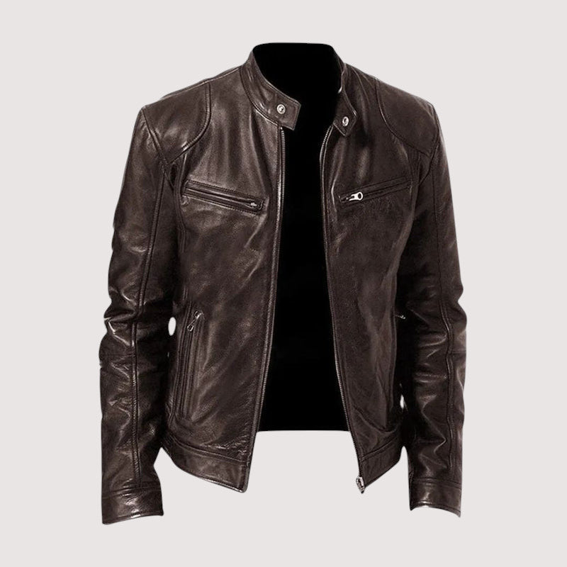 Chaqueta de Cuero para Hombre con Cuello Alto y Cremallera