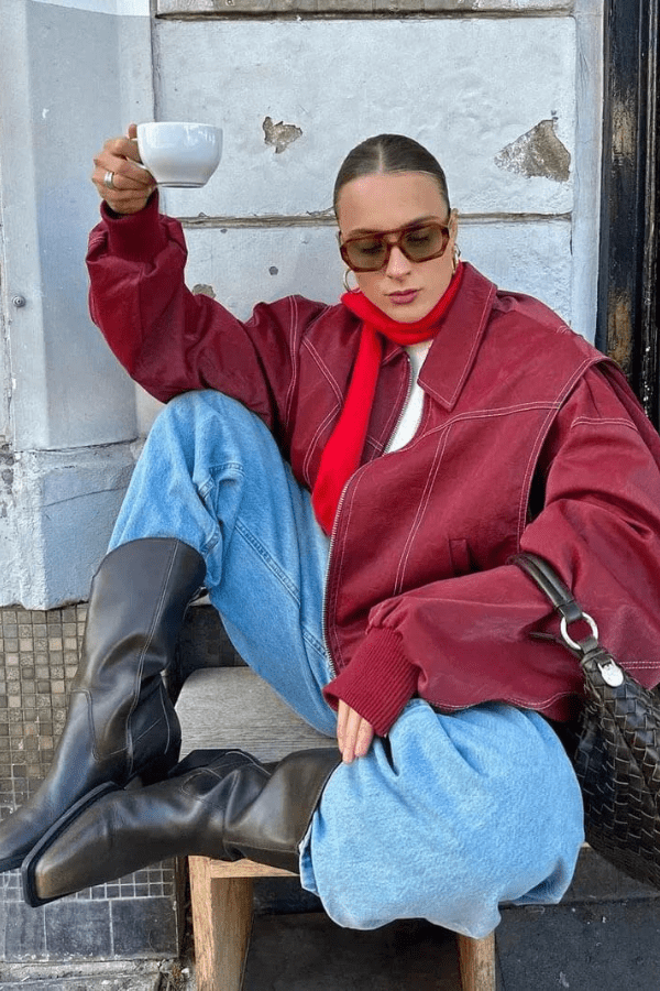 Oversized bomber μπουφάν από συνθετικό δέρμα με αντίθετες ραφές