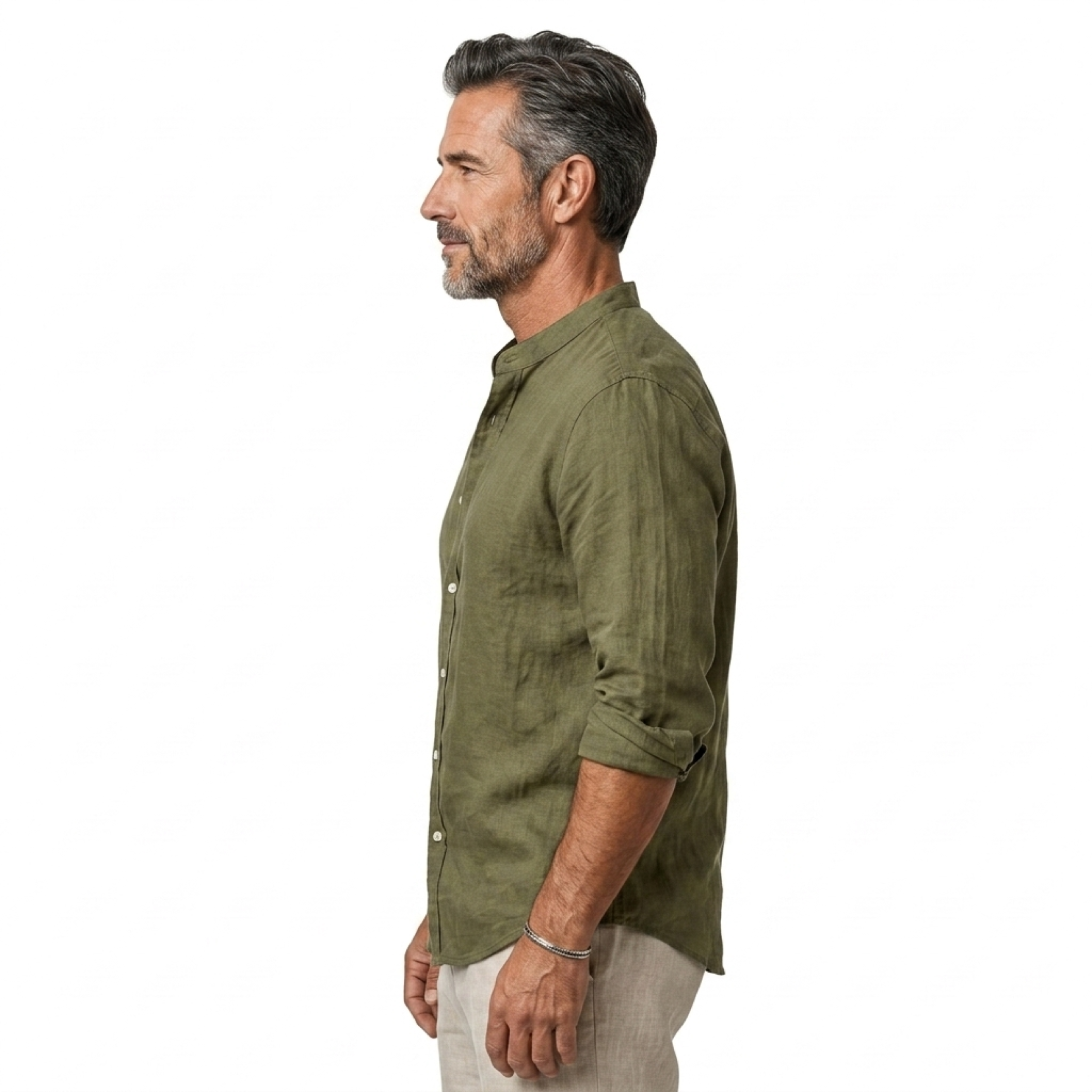Camisa de lino hombre — cuello clásico y mangas ajustables para diario