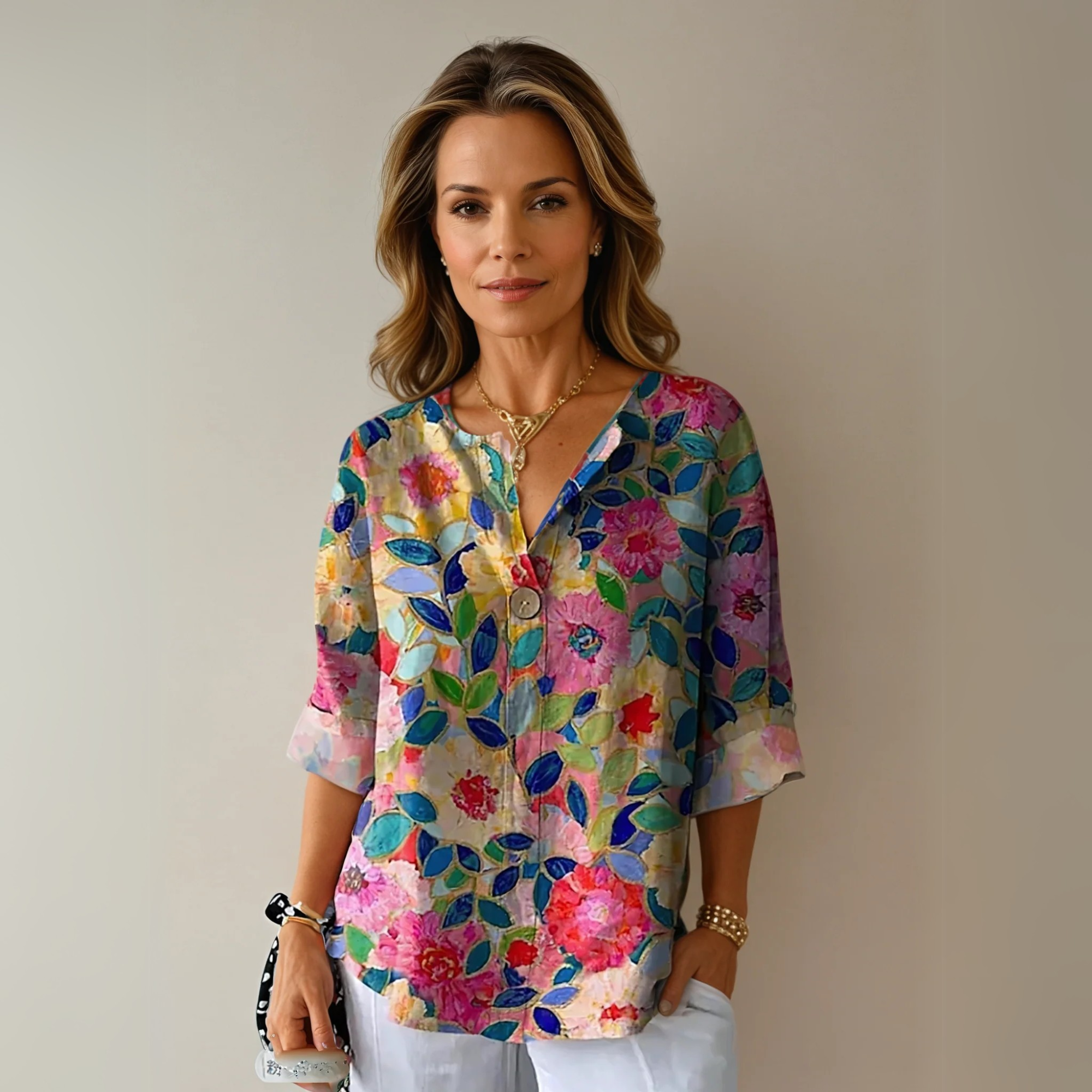 Blusa floral mujer — manga 3/4 con botones — uso diario